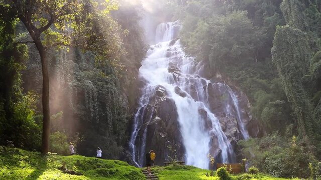 Mae Tia waterfall beauty of the streams flows gently waterfall in Orb Luang national park, Chom Thong, Chiang Mai, Thailand. Travel point for camping with sound of a flowing nature.