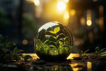 There are green plants inside the glass ball, urbanization and environmental change, urban...