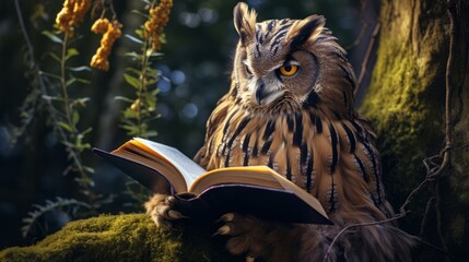 eagle owl intelligently reading a book, 16:9