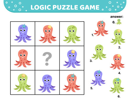 Logic puzzle game. Cute octopus. For kids. Cartoon