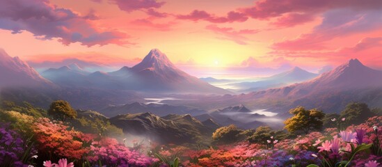 background the sky is painted with hues of pink and orange as the sun sets over the majestic nature where roses bloom mountains adding splashes of vibrant colors to the surrounding greenery - obrazy, fototapety, plakaty