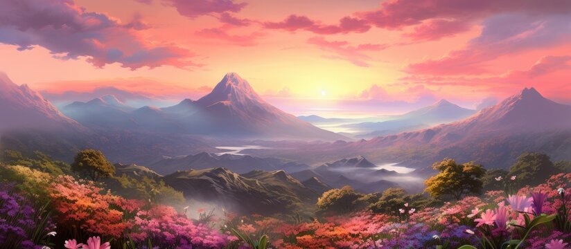 background the sky is painted with hues of pink and orange as the sun sets over the majestic nature where roses bloom mountains adding splashes of vibrant colors to the surrounding greenery