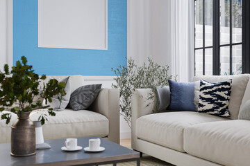 Pure natural plant into a vase on the coffee table, Wall painted with White and sky blue. 3D rendering