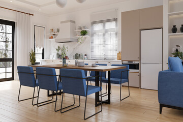 Stainless Comfy Chairs with a Wooden table lying on the hardwood floor near the open kitchen, 3D Illustration