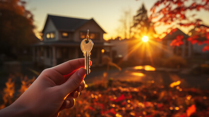 Obraz premium Woman hand holding key in front of new house with autumn leaves.