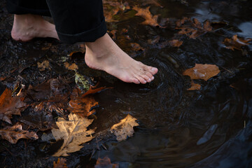 a puddle of rain in the forest with a woman's bare feet
