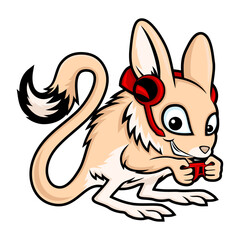 Animal jerboa in headphones and with a gamepad on a white background.