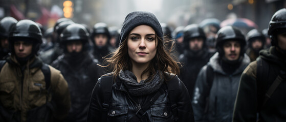 Portrait of a woman in the street with riot police in the background - obrazy, fototapety, plakaty