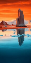 a blue iceberg reflects in bright orange sky