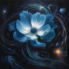 a blue flower in black background, in the style of cosmic art
