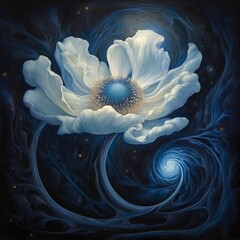 a blue flower in black background, in the style of cosmic art