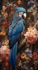 a blue parrot in the midst of flowers, in the style of dark cyan and amber, hyper-realistic animal illustrations