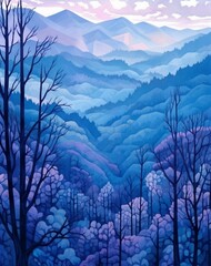 a blue smoky mountain at dusk, in the style of purple