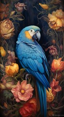 a blue parrot in the midst of flowers, in the style of dark cyan and amber