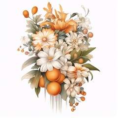 a bouquet of oranges and other flowers, in the style of chic illustrations
