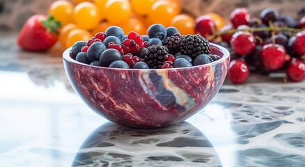 a bowl filled with berries on a marble countertop