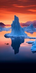 a blue iceberg reflects in bright orange sky
