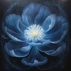 a blue flower in black background, in the style of cosmic art