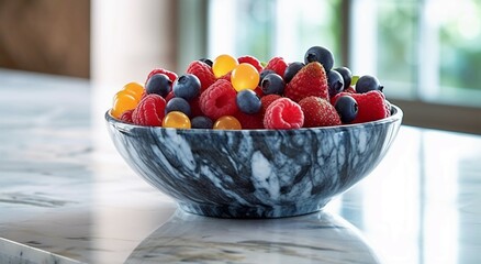 a bowl filled with berries on a marble countertop