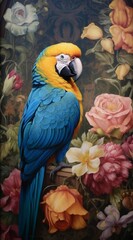 a blue parrot in the midst of flowers, in the style of dark cyan and amber