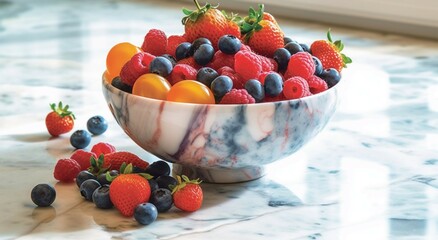 a bowl filled with berries on a marble countertop