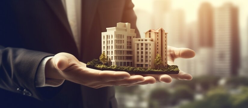 Businessman holding home or estate building model. Loan concept
