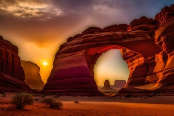 Amidst the vast desert of Saudi Arabia in the Medina Province the breathtaking Al Ula, home to the Rainbow Rock natural arch  generative ai technology
