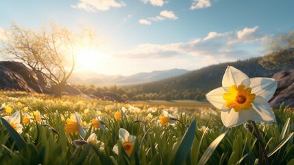 A graceful daffodil in a field of golden blooms, its cheerful presence heralding the arrival of...