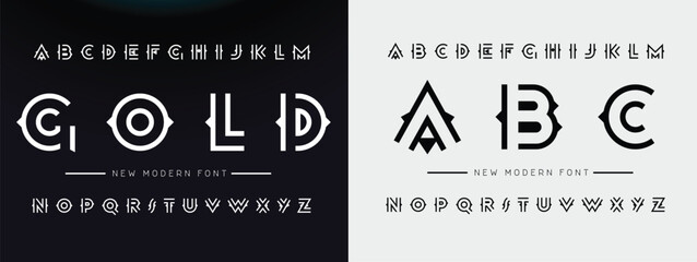 ABC Double line monogram alphabet and tech fonts. Lines font regular uppercase and lowercase. Vector illustration.