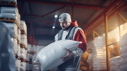 The warehouse worker is holding a sack with flour, and relocating it to another place. He is...