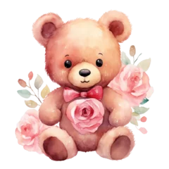 Fotobehang Watercolor Valentine Rose Bear Clipart,Cute watercolor teddy bears, Mother day card, Valentines day card, Clipart,Cute Teddy Bear Clipart, generative ai © Abu