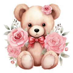 Watercolor Valentine Rose Bear Clipart,Cute watercolor teddy bears, Mother day card, Valentines day card, Clipart,Cute Teddy Bear Clipart, generative ai