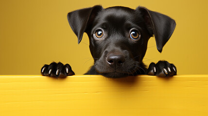 Funny black puppy peeking from behind a yellow board on a yellow background - obrazy, fototapety, plakaty