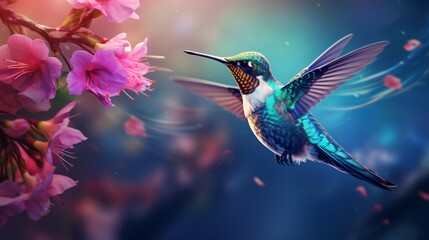 A hummingbird, drawn to a colorful blossom, capturing the essence of wild beauty.