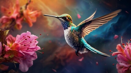 A hummingbird, drawn to a colorful blossom, capturing the essence of wild beauty.