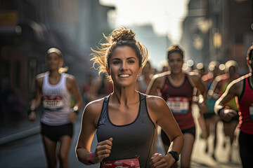 Woman running a marathon - obrazy, fototapety, plakaty