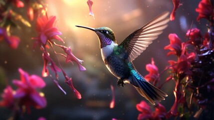 A hummingbird hovering near a cluster of fuchsia flowers, its iridescent feathers glinting in the sunlight as it feeds on nectar.