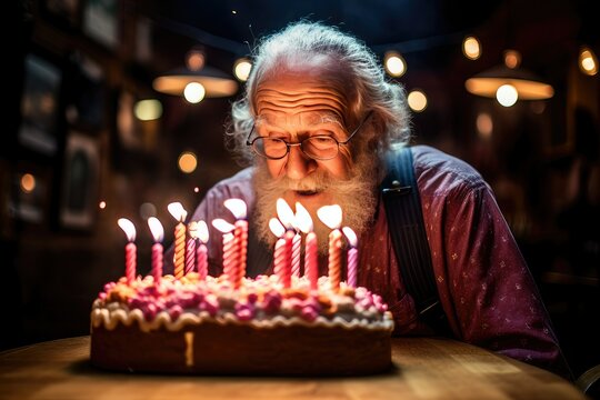 Senior Man Blowing Out Birthday Candles On A Cake