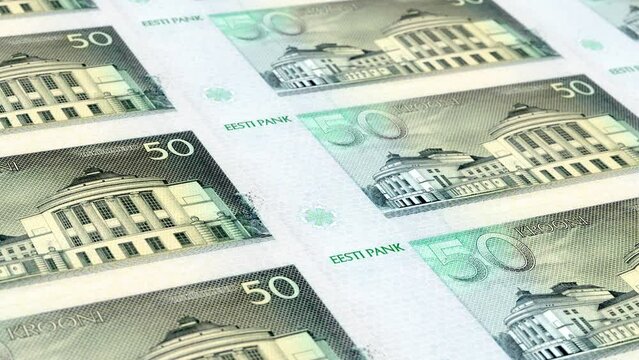 Estonia Estonian Kroon 50 Banknotes Money Printing House, Printing Fifty Estonian Kroon, Printing Press Machine Print out Estonian Kroon, Being printed by currency press machine 50 Estonian