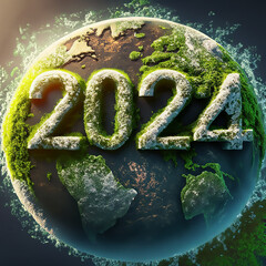 Noworoczne tło, ilustracja z Ziemią i napisem 2024. Ekologia, ochrona środowiska, globalne zmiany i trendy w 2024 roku - obrazy, fototapety, plakaty