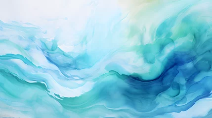 Gordijnen Watercolor sea ocean wave teal turquoise colored background texture marble. Generative Ai. © tfk