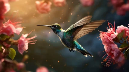 Fotobehang A hummingbird, hovering near a vibrant blossom, a fleeting moment of nature's magic. © rehman