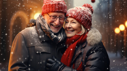 Senior couple in snowfall enjoying life in Christmas market. Beautiful elderly woman and handsome elderly man smiling. Bokeh background.