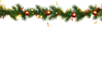 Seamless decorative christmas border with coniferous branches and garlands of christmas lights on transparent background 