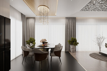 A large panoramic window with white and gray curtains in the luxurious apartment. 3d rendering