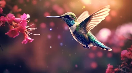 Poster Im Rahmen A hummingbird, hovering near a vibrant blossom, a fleeting moment of nature's magic. © Koko