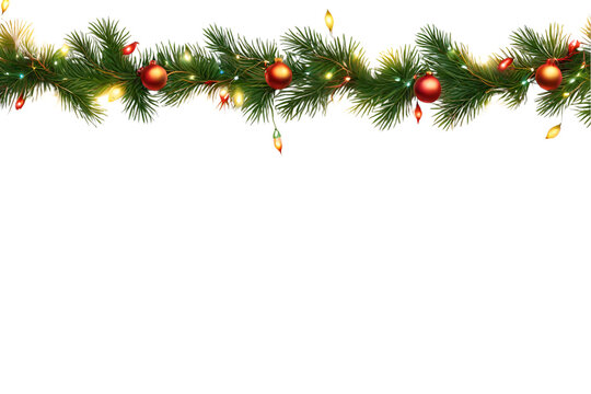 Seamless decorative christmas border with coniferous branches and garlands of christmas lights on transparent background 