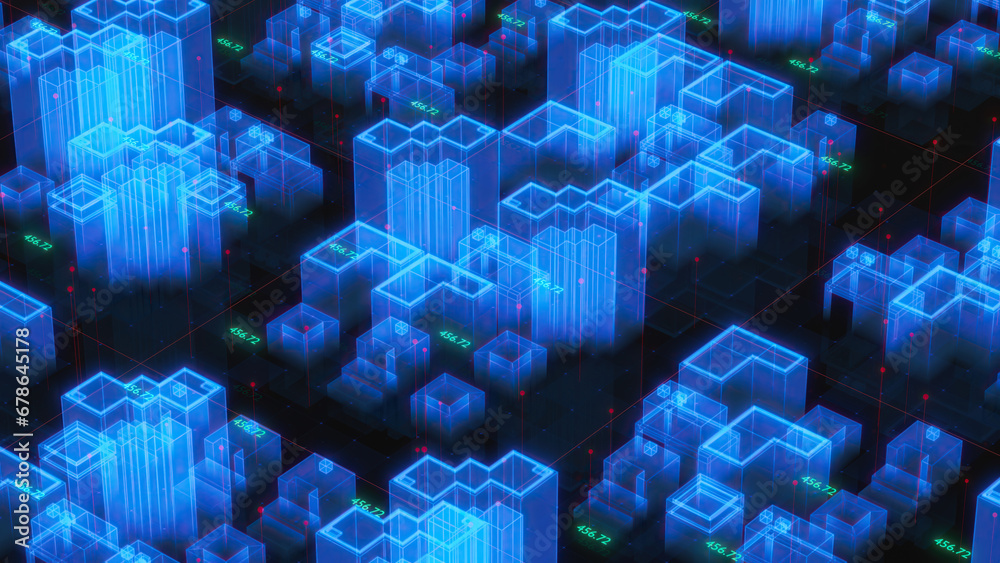 Poster digital city urban architecture, cityscape with neon light wireframe effect, science futuristic tech