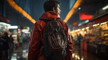 Fototapeta na wymiar Back view of male traveler in backpack.
