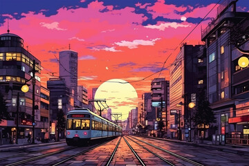 illustration of a city view in the afternoon - obrazy, fototapety, plakaty